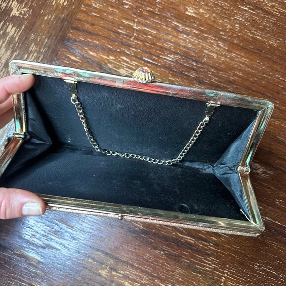 Vintage Gold Clutch Purse With Chain Strap Textured Metallic Finish & Crystal Cl - Picture 8 of 11
